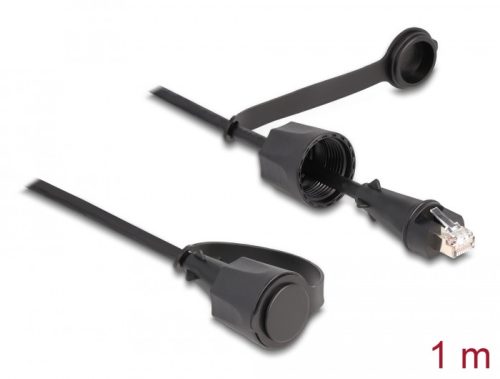 Delock hálózati kábel RJ45 csatlakozó RJ45 dugóhoz Cat.6 STP védőkupakkal kültéri IP68 por- és vízálló fekete 1 m