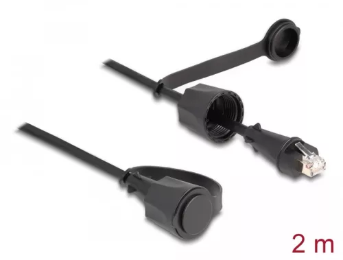 Delock hálózati kábel RJ45 csatlakozó RJ45 dugóhoz Cat.6 STP védőkupakkal kültéri IP68 por- és vízálló fekete 2 m (DL-80167)