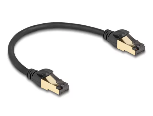 Delock RJ45 hálózati kábel Cat.6A apa - apa S/FTP fekete 30 cm - Cat.7 nyers kábellel, mely alkalmas bel- és kültéri használatra (DL-80246)
