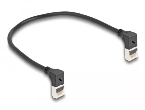 Delock RJ45 hálózati kábel Cat.6A S/FTP vékony 90  fokban felfelé / felfelé hajló 0,25 m fekete (DL-80279)