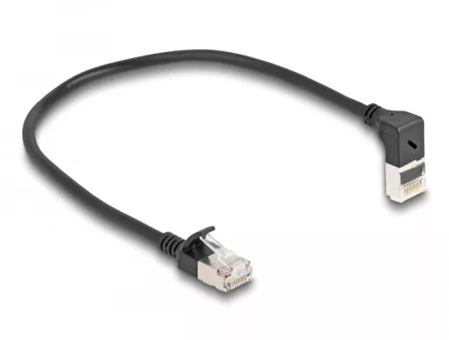 Delock RJ45 hálózati kábel Cat.6A S/FTP vékony 90  fokban felfelé hajló / egyenes 0,25 m fekete (DL-80285)