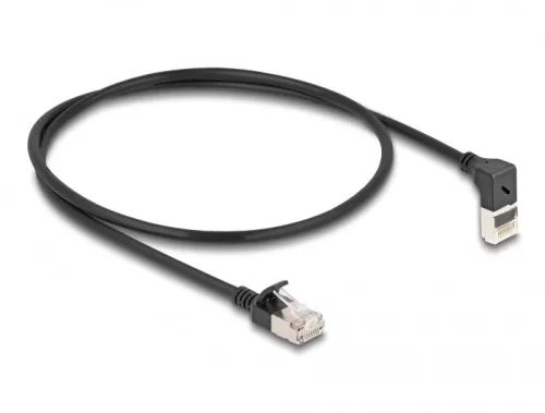 Delock RJ45 hálózati kábel Cat.6A S/FTP vékony 90  fokban felfelé hajló / egyenes 0,5 m fekete (DL-80286)