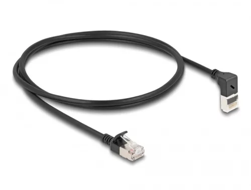 Delock RJ45 hálózati kábel Cat.6A S/FTP vékony 90  fokban felfelé hajló / egyenes 1 m fekete (DL-80287)