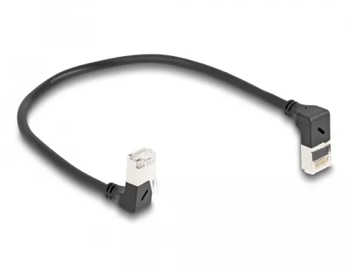 Delock RJ45 hálózati kábel Cat.6A S/FTP vékony 90  fokban felfelé / lefelé hajló 0,25 m fekete (DL-80291)