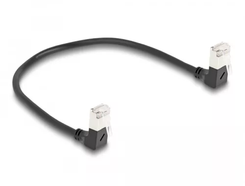 Delock RJ45 hálózati kábel Cat.6A S/FTP vékony 90  fokban lefelé / lefelé hajló 0,25 m fekete (DL-80297)