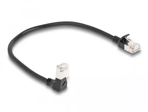 Delock RJ45 hálózati kábel Cat.6A S/FTP vékony 90  fokban lefelé hajló / egyenes 0,25 m fekete (DL-80303)
