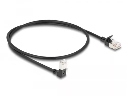 Delock RJ45 hálózati kábel Cat.6A S/FTP vékony 90  fokban lefelé hajló / egyenes 0,5 m fekete (DL-80304)