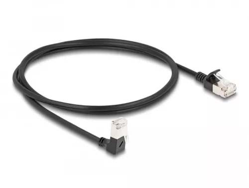 Delock RJ45 hálózati kábel Cat.6A S/FTP vékony 90  fokban lefelé hajló / egyenes 1 m fekete (DL-80305)