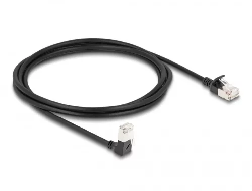 Delock RJ45 hálózati kábel Cat.6A S/FTP vékony 90  fokban lefelé hajló / egyenes 2 m fekete (DL-80306)