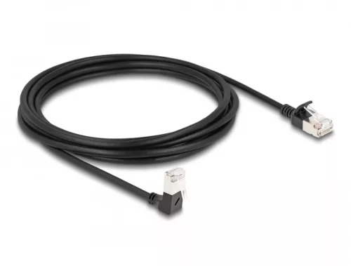 Delock RJ45 hálózati kábel Cat.6A S/FTP vékony 90  fokban lefelé hajló / egyenes 3 m fekete (DL-80307)