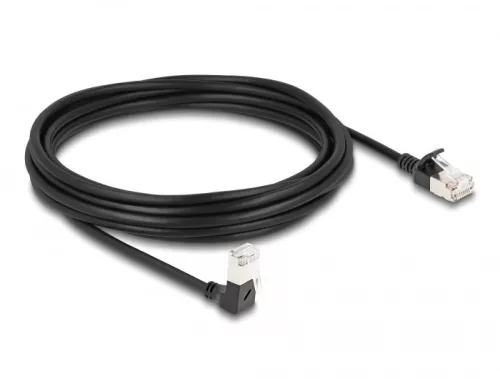 Delock RJ45 hálózati kábel Cat.6A S/FTP vékony 90  fokban lefelé hajló / egyenes 5 m fekete (DL-80308)