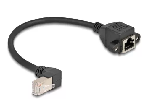 Delock Hálózat bővítő kábel S/FTP RJ45 apa 90  hajlított - RJ45 beépített anya Cat.6A 0,25 m fekete (DL-80309)
