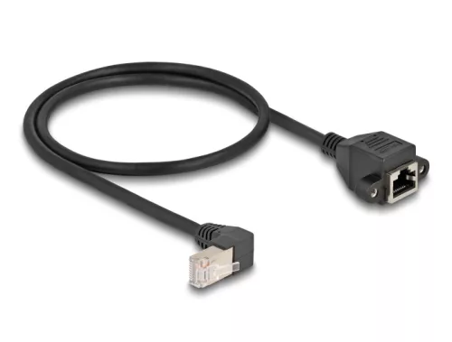 Delock Hálózat bővítő kábel S/FTP RJ45 apa 90  hajlított - RJ45 beépített anya Cat.6A 0,5 m fekete (DL-80310)