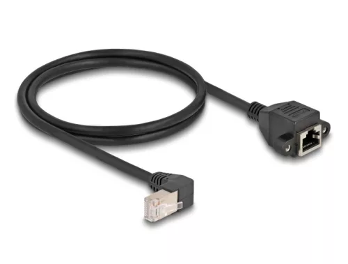 Delock Hálózat bővítő kábel S/FTP RJ45 apa 90  hajlított - RJ45 beépített anya Cat.6A 1 m fekete (DL-80311)
