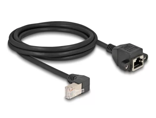 Delock Hálózat bővítő kábel S/FTP RJ45 apa 90  hajlított - RJ45 beépített anya Cat.6A 2 m fekete (DL-80312)