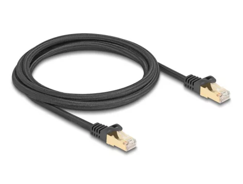 Delock RJ45 hálózati kábel fonott borítással Cat.6A S/FTP apa - apa 2 m fekete (DL-80318)