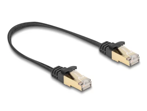 Delock RJ45 lapos hálózati kábel fonott borítással Cat.6A U/FTP apa - apa 0,25 m fekete (DL-80323)