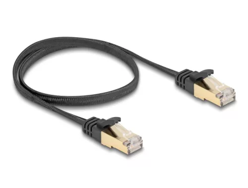 Delock RJ45 lapos hálózati kábel fonott borítással Cat.6A U/FTP apa - apa 0,5 m fekete (DL-80324)