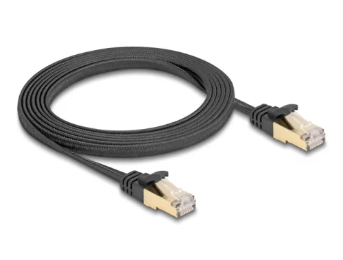 Delock RJ45 lapos hálózati kábel fonott borítással Cat.6A U/FTP apa - apa 2 m fekete (DL-80326)