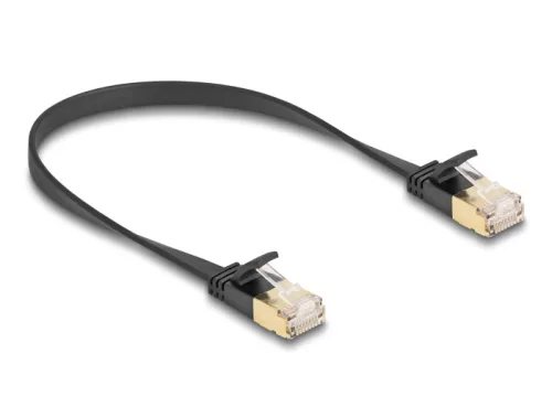 Delock RJ45 hálózati kábel Cat.6A apa - apa robosztus csatlakozóval és Cat.7 nyers lapos kábellel U/FTP 0,3 m, fekete (DL-80343)