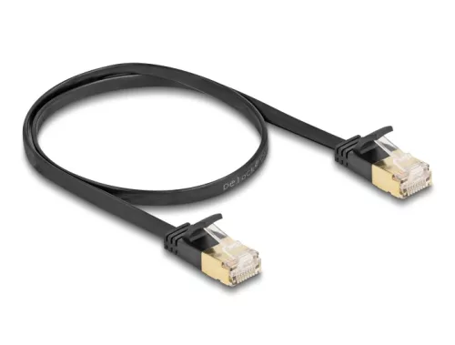 Delock RJ45 hálózati kábel Cat.6A apa - apa robosztus csatlakozóval és Cat.7 nyers lapos kábellel U/FTP 0,5 m, fekete (DL-80344)