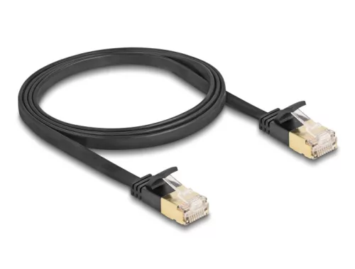 Delock RJ45 hálózati kábel Cat.6A apa - apa robosztus csatlakozóval és Cat.7 nyers lapos kábellel U/FTP 1 m, fekete (DL-80345)