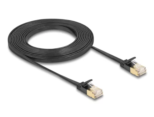 Delock RJ45 hálózati kábel Cat.6A apa - apa robosztus csatlakozóval és Cat.7 nyers lapos kábellel U/FTP 3 m, fekete (DL-80347)