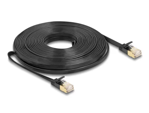 Delock RJ45 hálózati kábel Cat.6A apa - apa robosztus csatlakozóval és Cat.7 nyers lapos kábellel U/FTP 10 m, fekete (DL-80350)