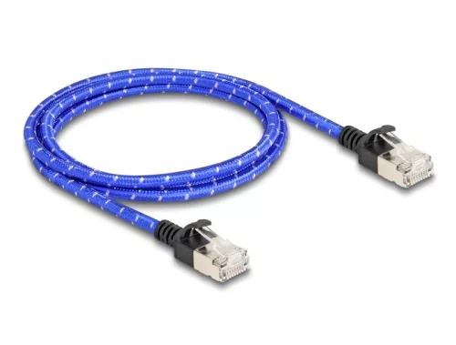 Delock RJ45 hálózati kábel fonott borítással Cat.6A U/FTP Slim, 1 m, kék (DL-80377)