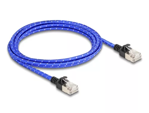 Delock RJ45 hálózati kábel fonott borítással Cat.6A U/FTP Slim, 2 m, kék (DL-80378)