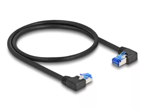 Delock RJ45 hálózati kábel Cat.6A S/FTP jobb / bal, hajlított, 0,5 m, fekete színű (DL-80420)