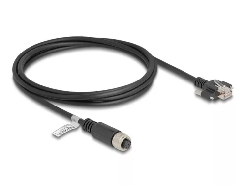 Delock M12 kábel A-kódú 8 tűs anya - RJ45 apa csavarokkal Cat.5e FTP 2 m hosszú fekete (DL-80425)