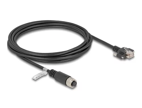 Delock M12 kábel A-kódú 8 tűs anya - RJ45 apa csavarokkal Cat.5e FTP 3 m hosszú fekete (DL-80428)