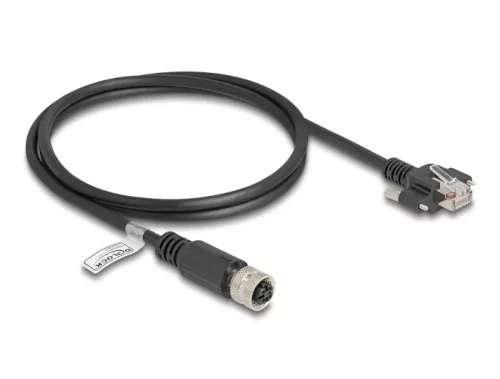 Delock M12 kábel D-kódú 4 tűs anya - RJ45 apa csavarokkal Cat.5e FTP 1 m hosszú fekete (DL-80443)