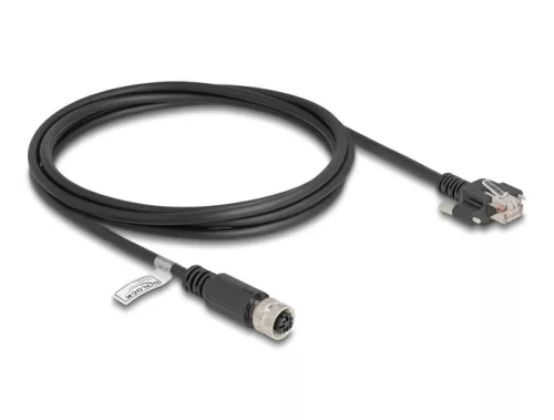 Delock M12 kábel D-kódú 4 tűs anya - RJ45 apa csavarokkal Cat.5e FTP 2 m hosszú fekete (DL-80445)