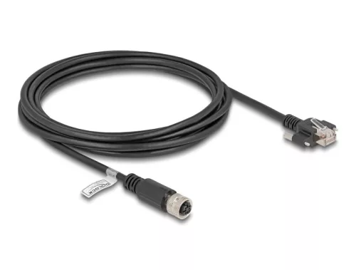 Delock M12 kábel D-kódú 4 tűs anya - RJ45 apa csavarokkal Cat.5e FTP 3 m hosszú fekete (DL-80450)