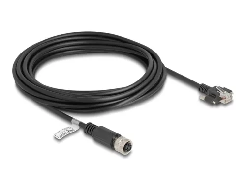 Delock M12 kábel D-kódú 4 tűs anya - RJ45 apa csavarokkal Cat.5e FTP 5 m hosszú fekete (DL-80451)