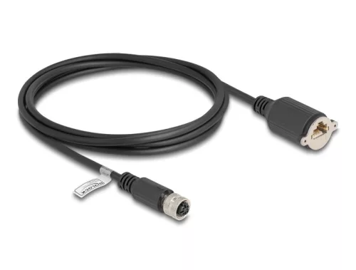 Delock M12 kábel D-kódú 4 tűs anya - RJ45 anya Cat.5e FTP installálásához 2 m, fekete (DL-80453)