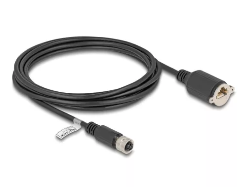Delock M12 kábel D-kódú 4 tűs anya - RJ45 anya Cat.5e FTP installálásához 3 m, fekete (DL-80454)