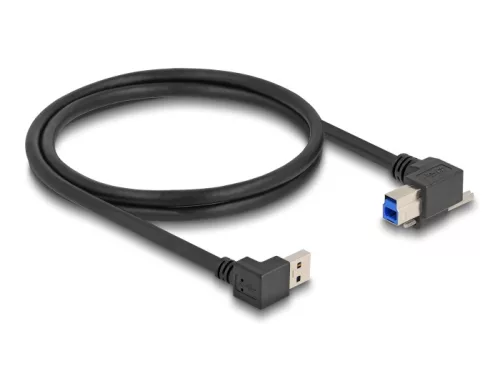 Delock USB 5 Gbps kábel A-típusú USB apa 90 -ban lefelé hajlított   B-típusú USB apa csavarral 90 -ban jobbra hajlított 1 m fekete (DL-80481)