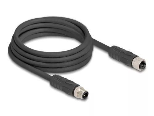 Delock M12 kábel L-kódolt 4 tűs apa - anya PUR húzóláncokhoz alkalmas 3 m fekete (DL-80521)