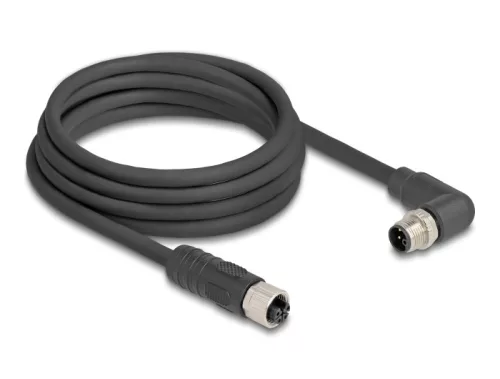 Delock M12 kábel L-kódolt 4 tűs jobbra hajlított apa   egyenes anya PUR húzóláncokhoz alkalmas 3 m fekete (DL-80530)