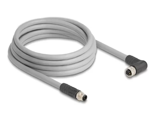 Delock M12 kábel L-kódolt 5 tűs egyenes apa   jobbra hajlított anya PUR húzóláncokhoz alkalmas 3 m szürke (DL-80544)
