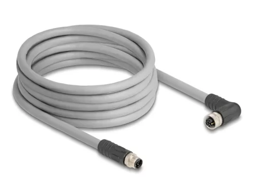 Delock M12 kábel L-kódolt 5 tűs egyenes apa   jobbra hajlított anya PUR húzóláncokhoz alkalmas 5 m szürke (DL-80545)