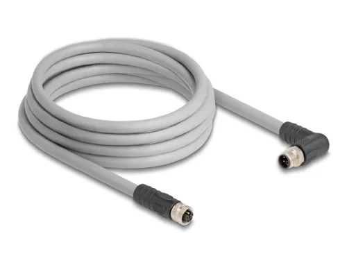 Delock M12 kábel L-kódolt 5 tűs jobbra hajlított apa   egyenes anya PUR húzóláncokhoz alkalmas 3 m szürke (DL-80549)