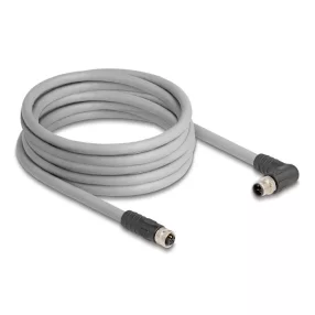   Delock M12 kábel L-kódolt 5 tűs jobbra hajlított apa   egyenes anya PUR húzóláncokhoz alkalmas 5 m szürke (DL-80552)