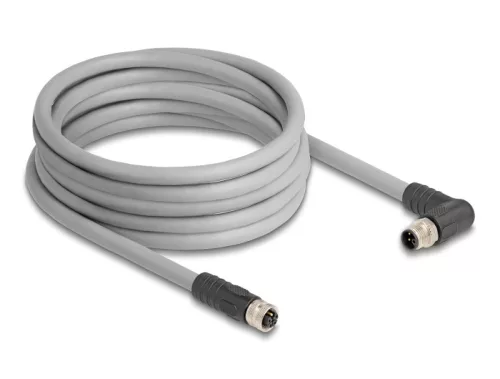 Delock M12 kábel L-kódolt 5 tűs jobbra hajlított apa   egyenes anya PUR húzóláncokhoz alkalmas 5 m szürke (DL-80552)