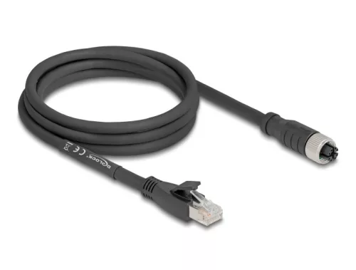 Delock M12 kábel X-kódolt 8 tűs apa - RJ45 anya Cat.5e S/FTP flexibilis 2 m fekete (DL-80590)