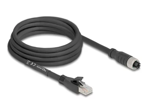 Delock M12 kábel X-kódolt 8 tűs apa - RJ45 anya Cat.5e S/FTP flexibilis 3 m fekete (DL-80591)