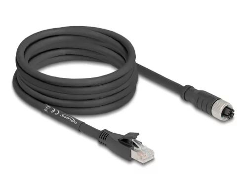 Delock M12 kábel X-kódolt 8 tűs apa - RJ45 anya Cat.5e S/FTP flexibilis 5 m fekete (DL-80594)